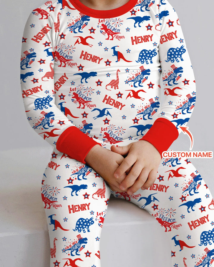 Custom Name Patriotic Dinosaur Bamboo Two Piece Long Sleeve Pajama Set