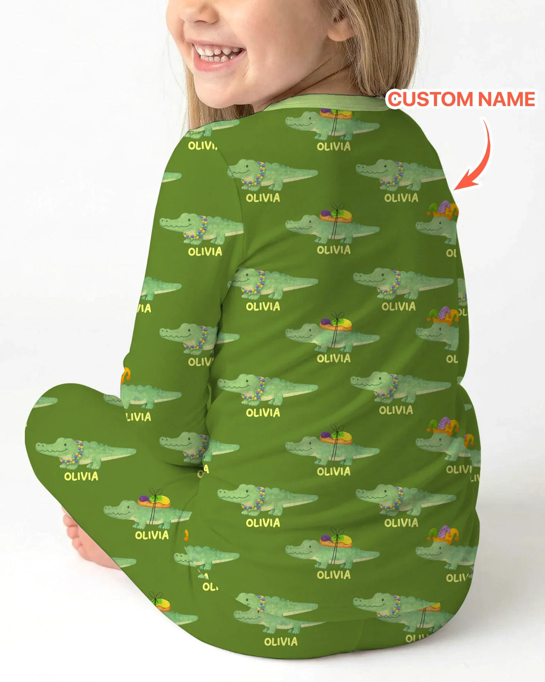 Custom Name Mardi Gras Gator Two Piece Long Sleeve Pajama Set
