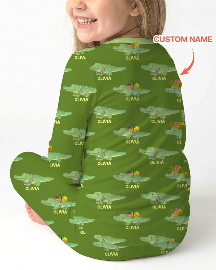 Custom Name Mardi Gras Gator Two Piece Long Sleeve Pajama Set