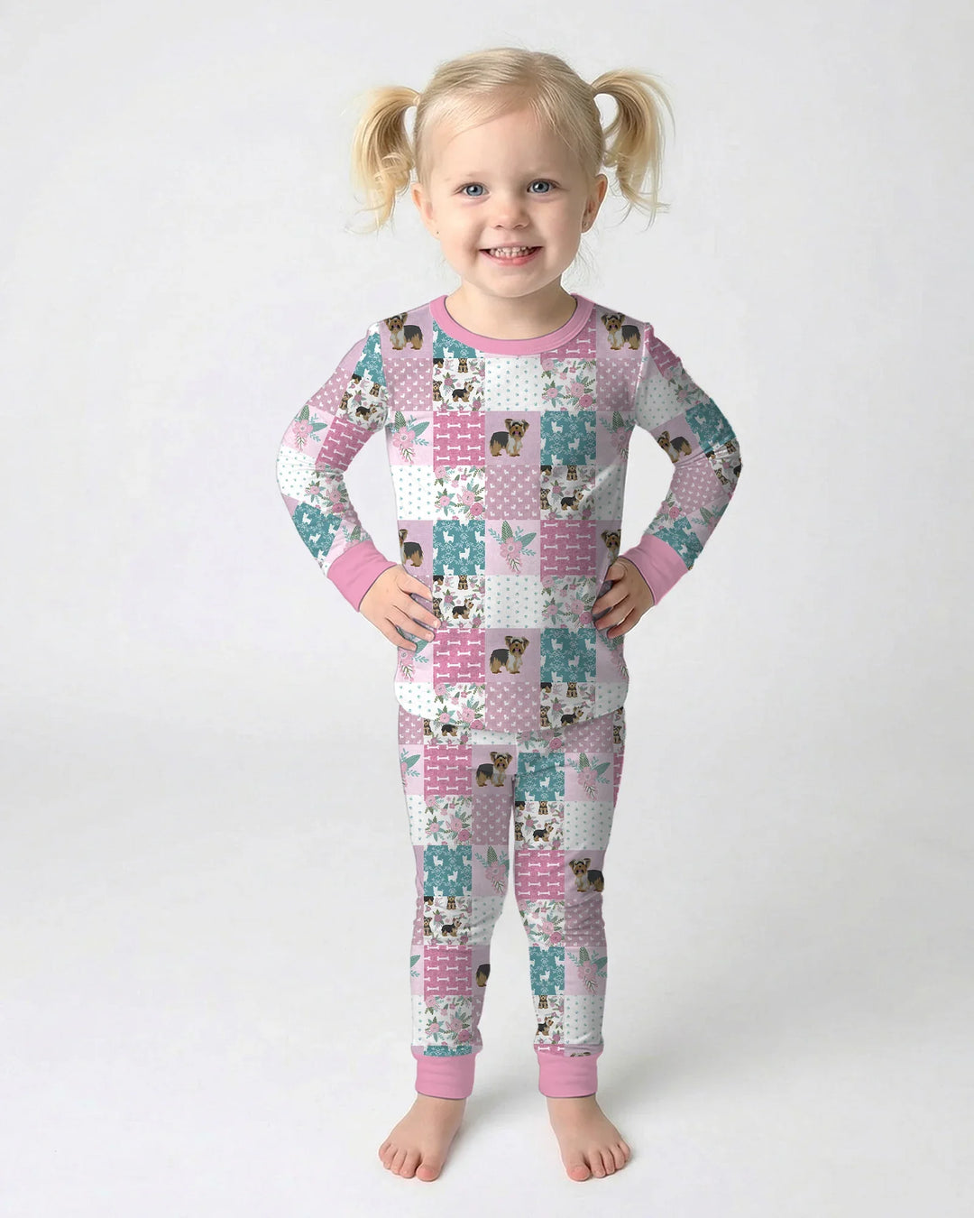 Floral Yorkie Grace Two Piece Long Sleeve Pajama Set