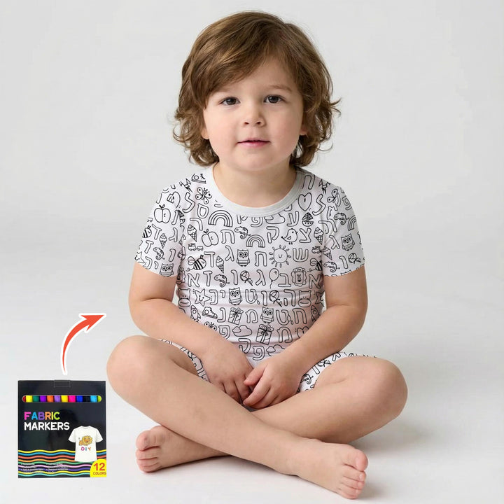 Hebrew Alphabet Colorable Two Piece Short Sleeve Shorts Pajama Set