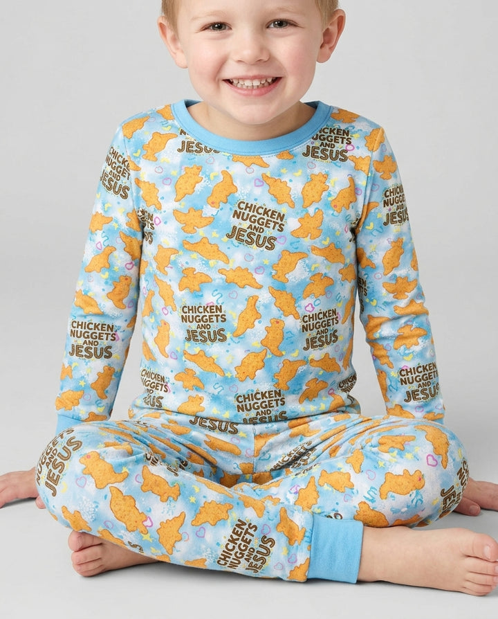 Chicken Nuggets and Jesus Family Matching Bamboo Two Piece Long Sleeve Pajama Set