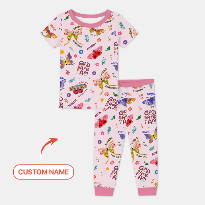 Custom Name God says I am Butterfly Two Piece Short Sleeve Pajama Set