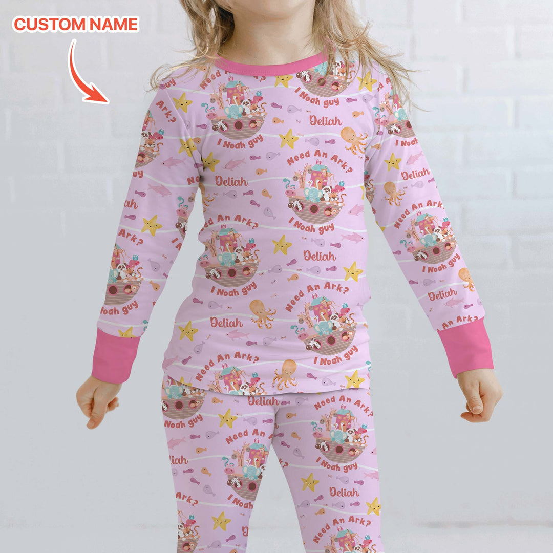 Noah’s Ark Custom Name Girl Two Piece Long Sleeve Pajama Set