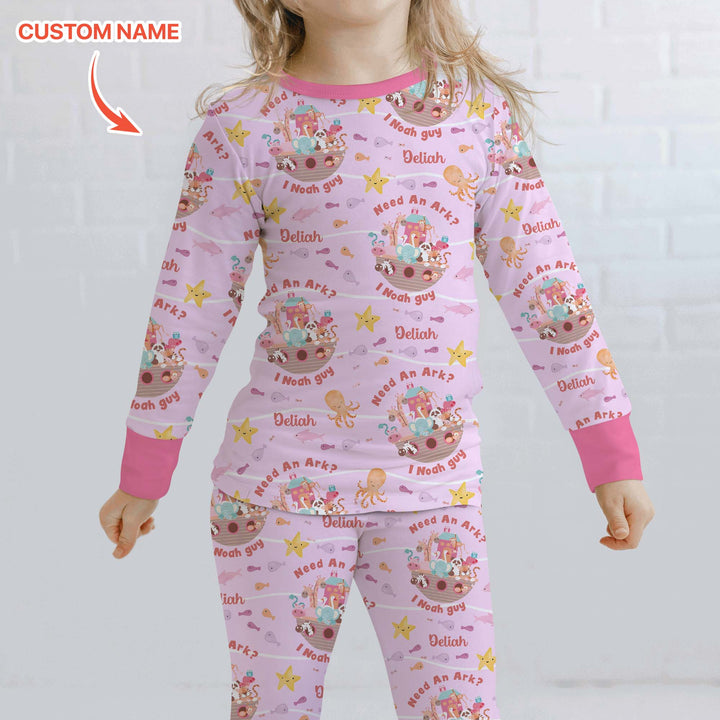 Noah’s Ark Custom Name Girl Two Piece Long Sleeve Pajama Set