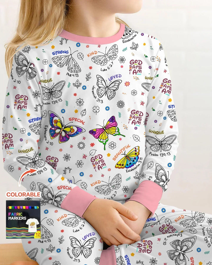 Colorable God Says I Am Butterfly Two Piece Long Sleeve Pajama Set