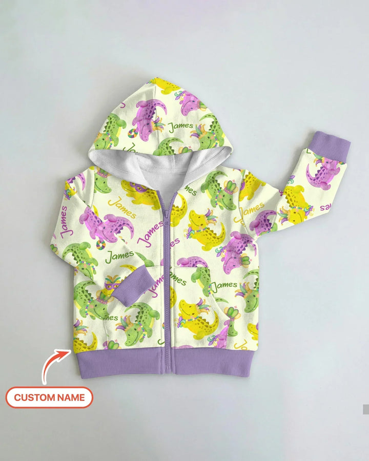 Custom Name Mardi Gras Alligator Bamboo Zip Hoodie