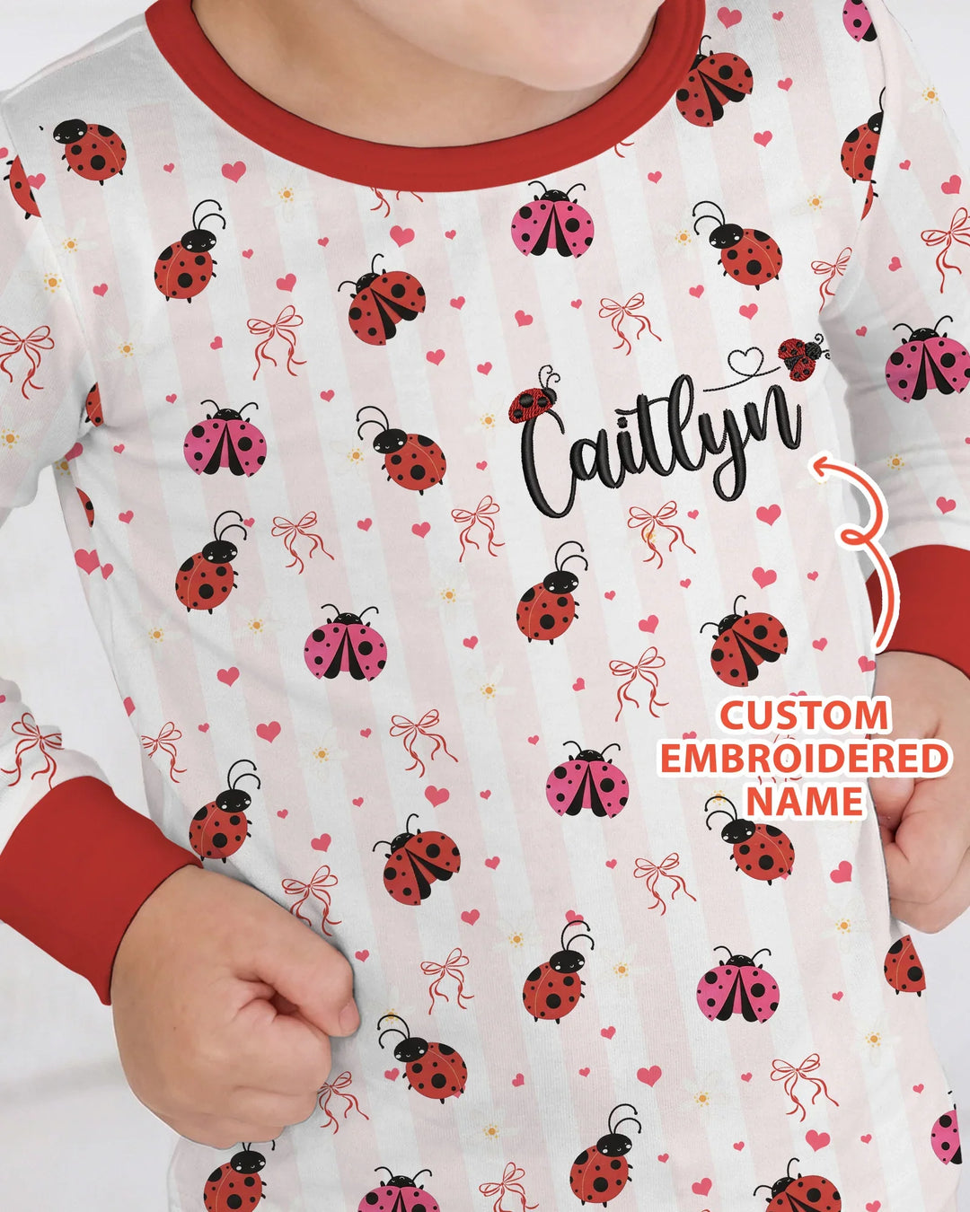 Custom Embroidered Name Ladybug Bamboo Two Piece Long Sleeve Pajama Set