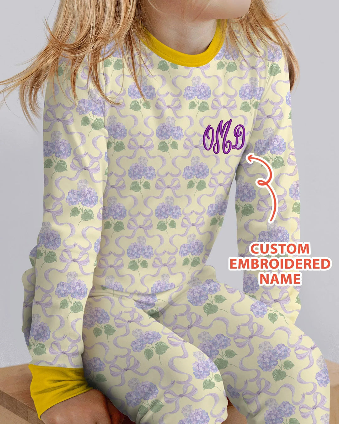 Custom Name Embroidered Hydrangea Welcome Home Bamboo Two Piece Long Sleeve Pajama Set