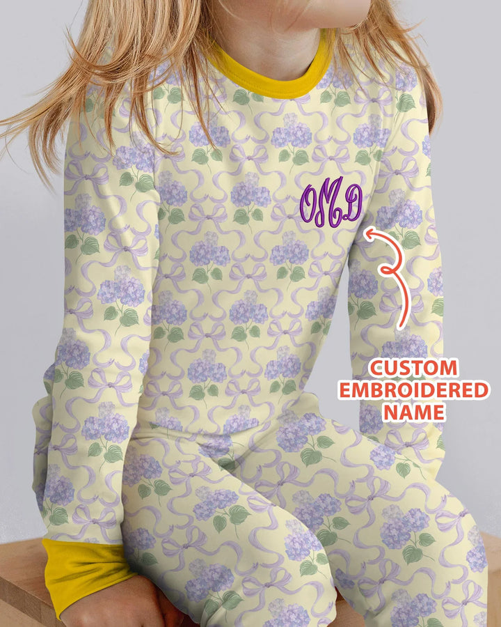 Custom Name Embroidered Hydrangea Welcome Home Bamboo Two Piece Long Sleeve Pajama Set