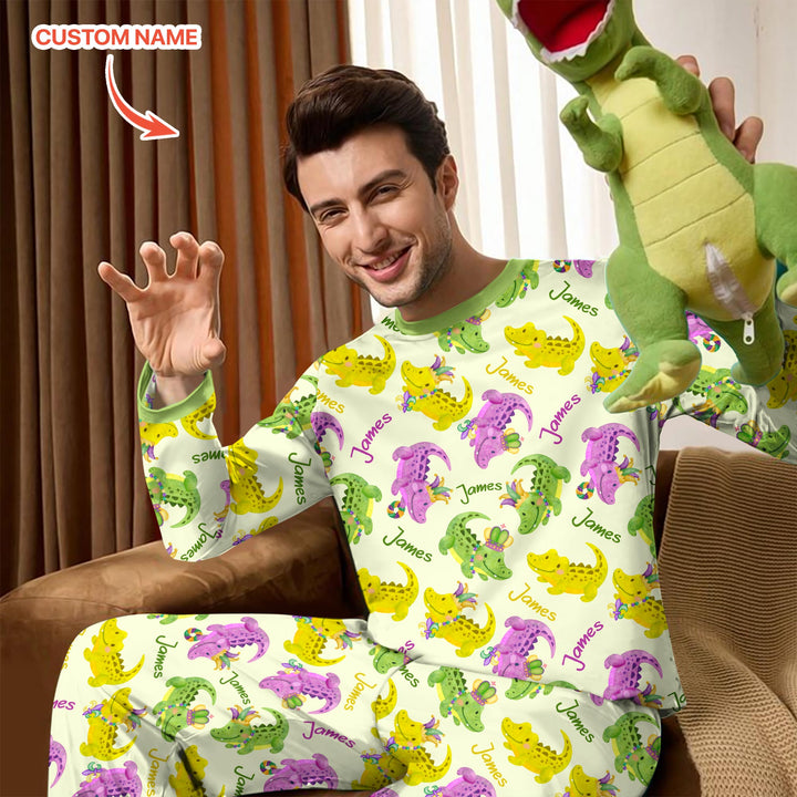 Custom Name Mardi Gras Alligator Men's Pajama Set