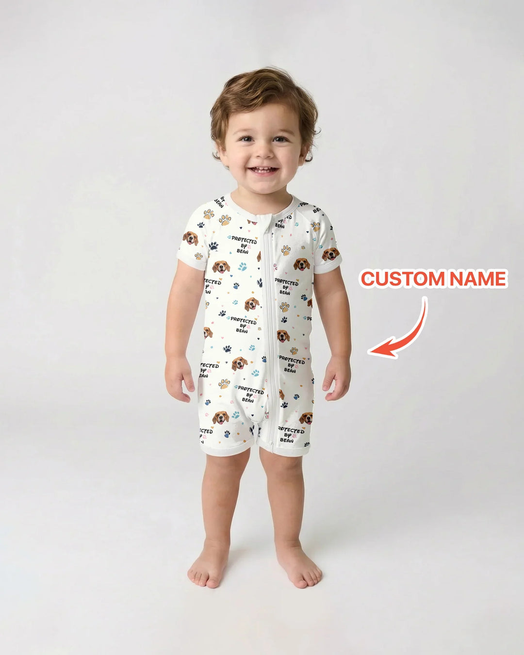 Custom Dog Photo Pattern "Protected By" Shorty Zippered Romper
