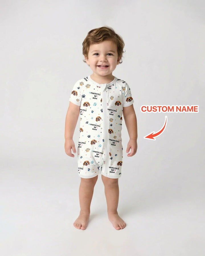 Custom Dog Photo Pattern "Protected By" Shorty Zippered Romper