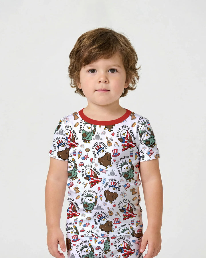 Happy 250th America Cute Patriotic Eagles Family Matching Bamboo Two Piece Short Sleeve Shorts Pajama Set