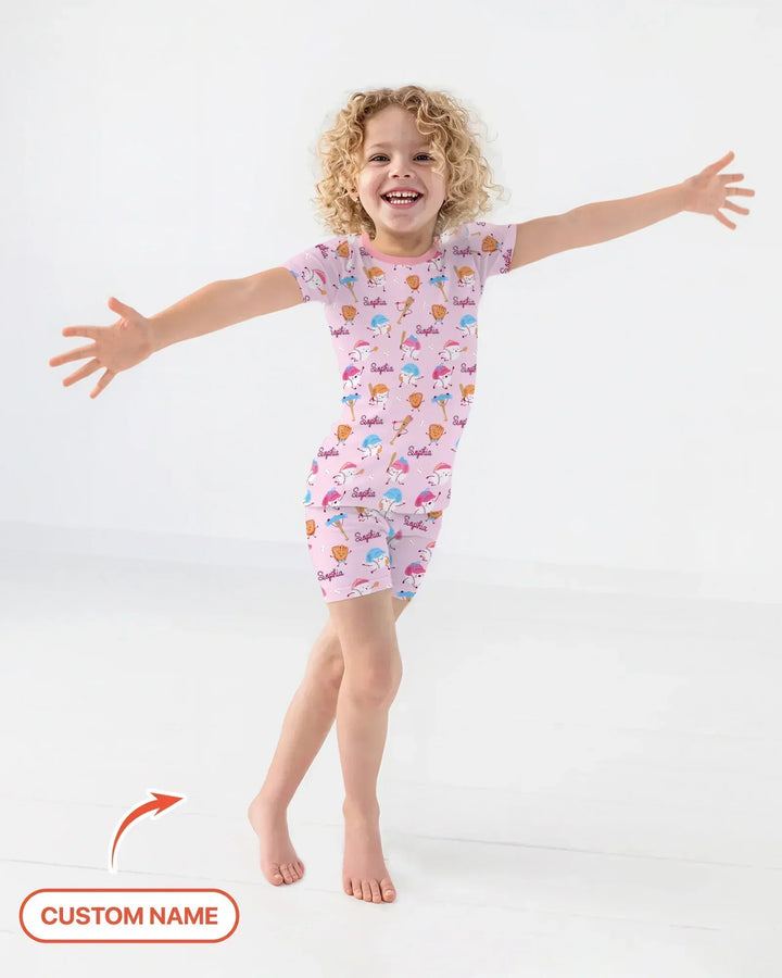 Custom Name Ballparl Family Matching Bamboo Two Piece Short Sleeve Shorts Pajama Set