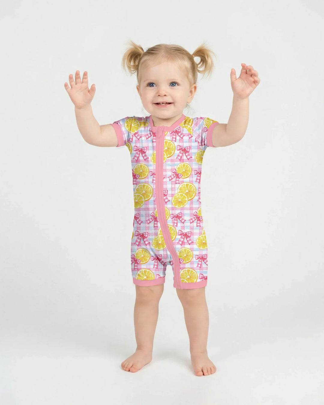 Arco a Cuadros de Limones Rosas - Pijama Corto con Cremallera de Bambú