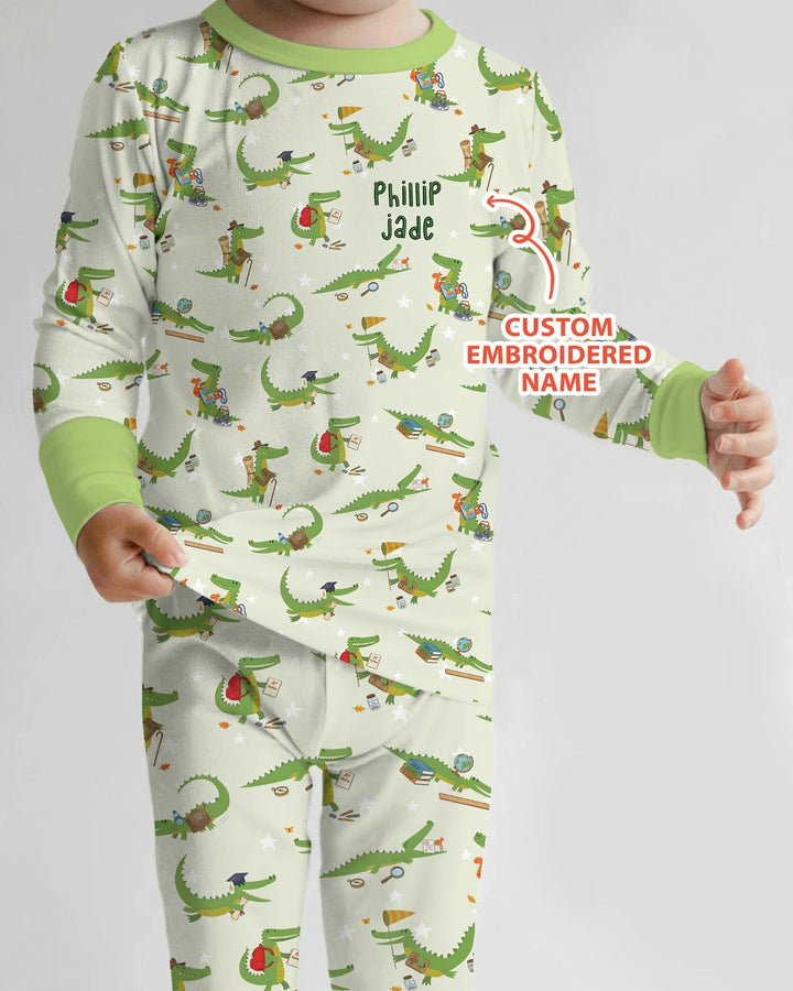 Pijama de dos piezas de bambú con caimán bordado y nombre personalizado de manga larga