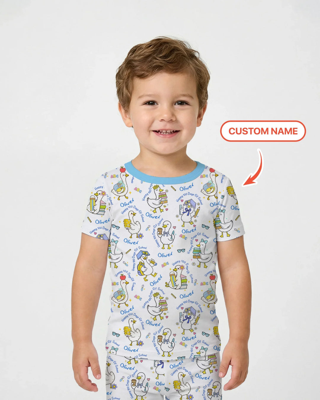 Custom Name Goose Happy 100 Days Of School Two Piece Short Sleeve Pajama Set