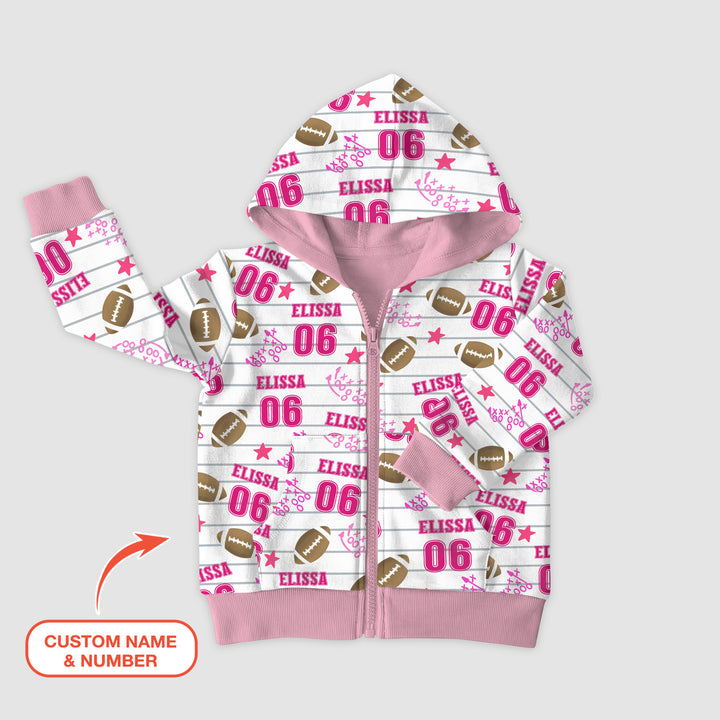 Custom Name Football Time Pink Zip Hoodie