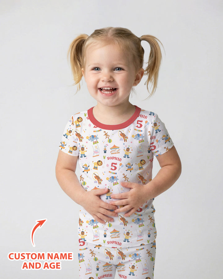 Custom Name Birthday Circus Bamboo Two Piece Short Sleeve Pajama Set