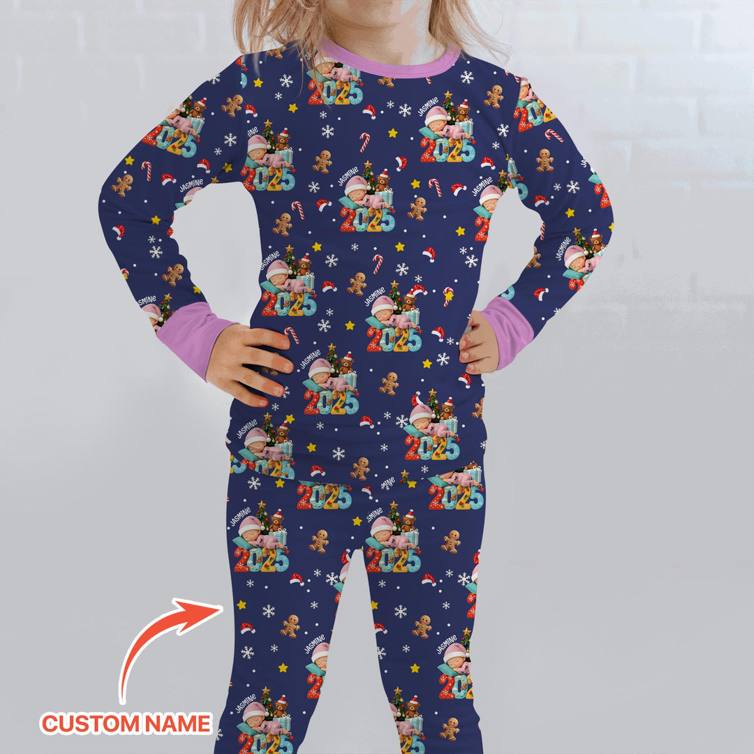 Custom Name Baby Girl's First Christmas  Two Piece Long Sleeve Pajama Set