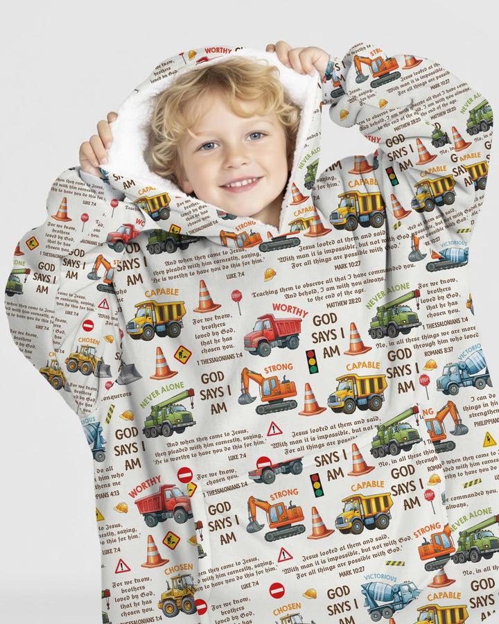 Bible Verse Construction Trucks  Wearable Blanket Hoodie