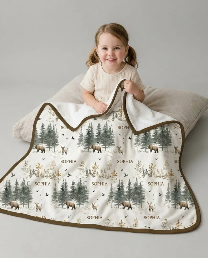 Manta de bambú personalizada con nombre, bosque, oso, ciervo