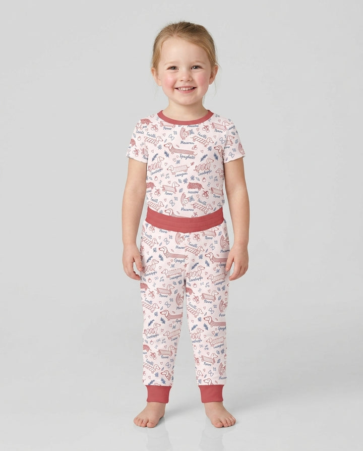 Funny Dachshund Pasta Pups Bamboo Two Piece Short Sleeve Pajama Set