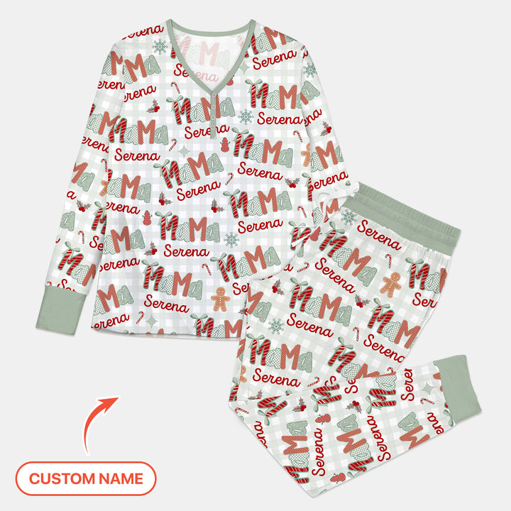 Benutzerdefinierter Name Mama Mini Passendes Weihnachts-Pyjama-Set für Frauen (Grün)