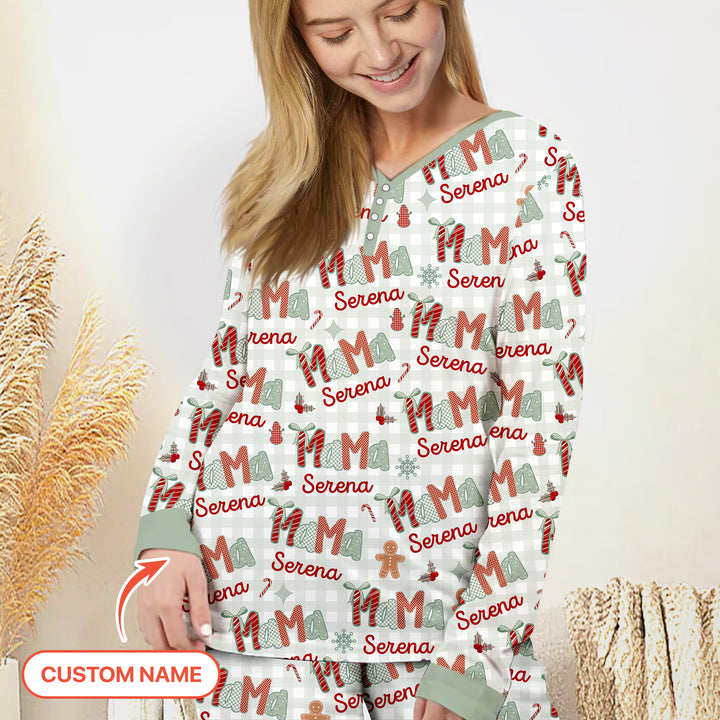 Benutzerdefinierter Name Mama Mini Passendes Weihnachts-Pyjama-Set für Frauen (Grün)