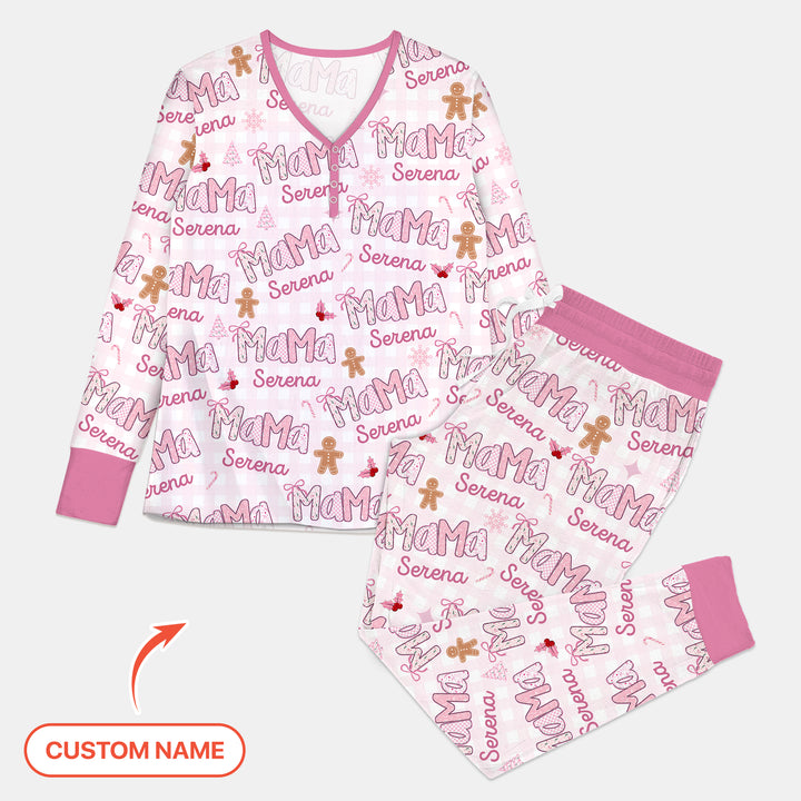 Benutzerdefinierter Name Mama Mini Passendes Weihnachts-Pyjama-Set für Damen (Rosa)