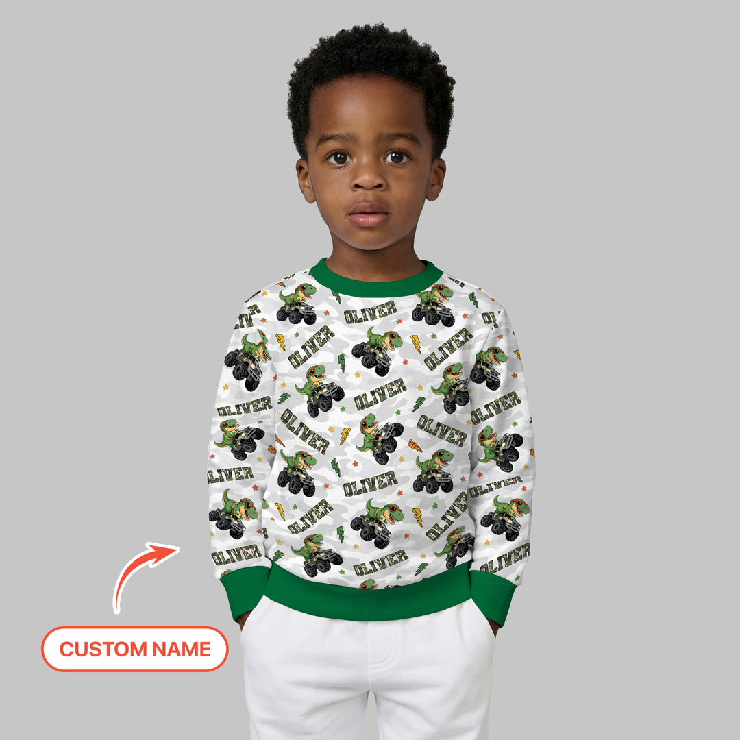 Custom Name Camo Trucker Dino Crewneck Sweatshirt