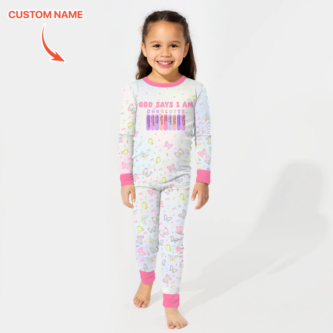 Personalized Butterfly Blessings God Says I Am Two Piece Long Sleeve Pajama Set