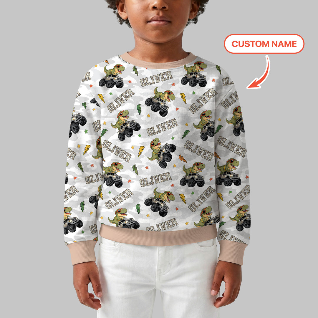 Custom Name Camo Trucker Dino Crewneck Sweatshirt