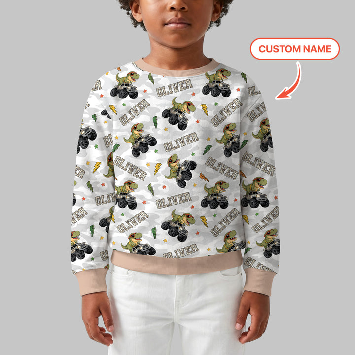 Custom Name Camo Trucker Dino Crewneck Sweatshirt