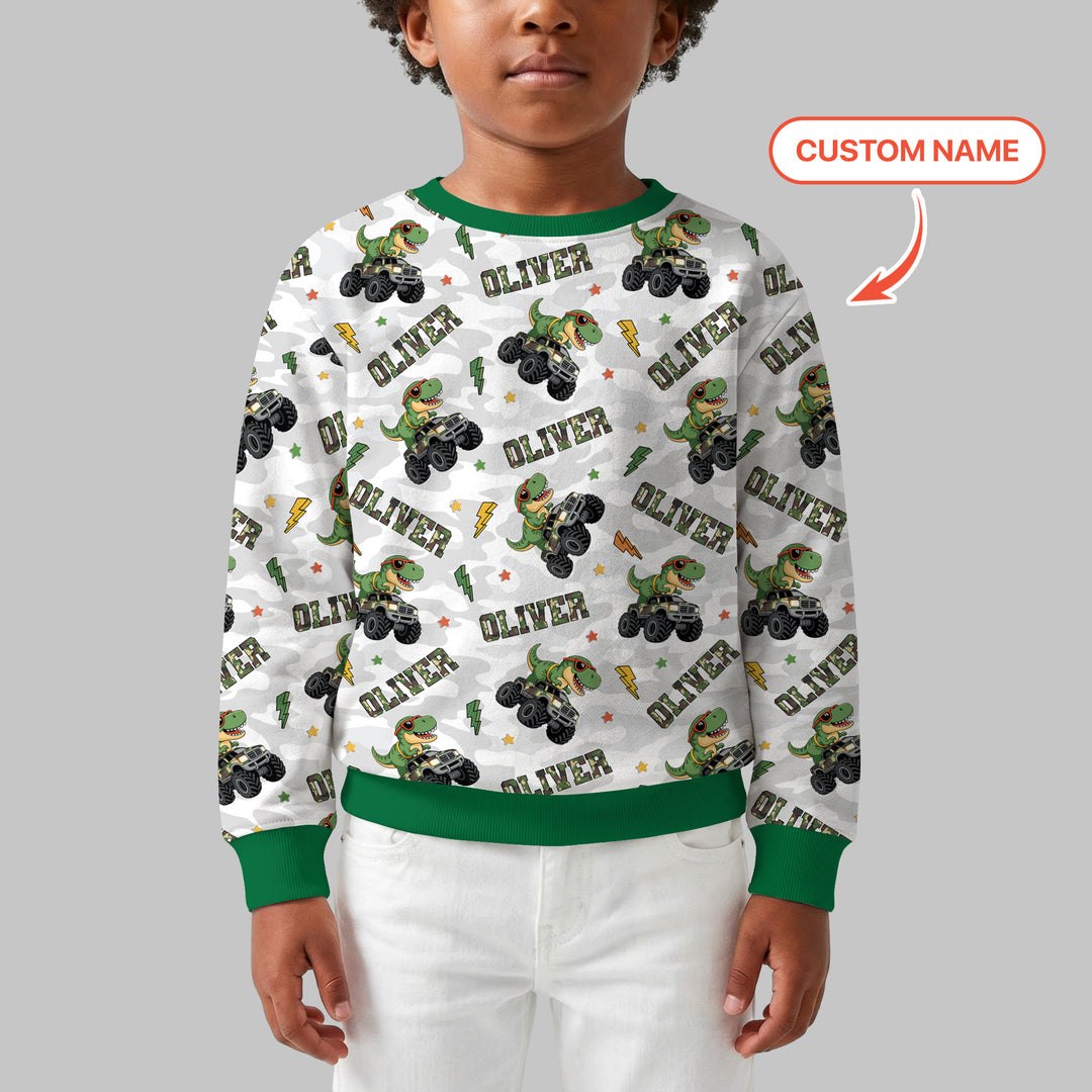 Custom Name Camo Trucker Dino Crewneck Sweatshirt