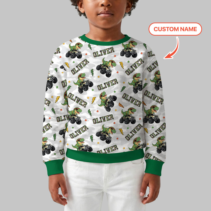 Custom Name Camo Trucker Dino Crewneck Sweatshirt