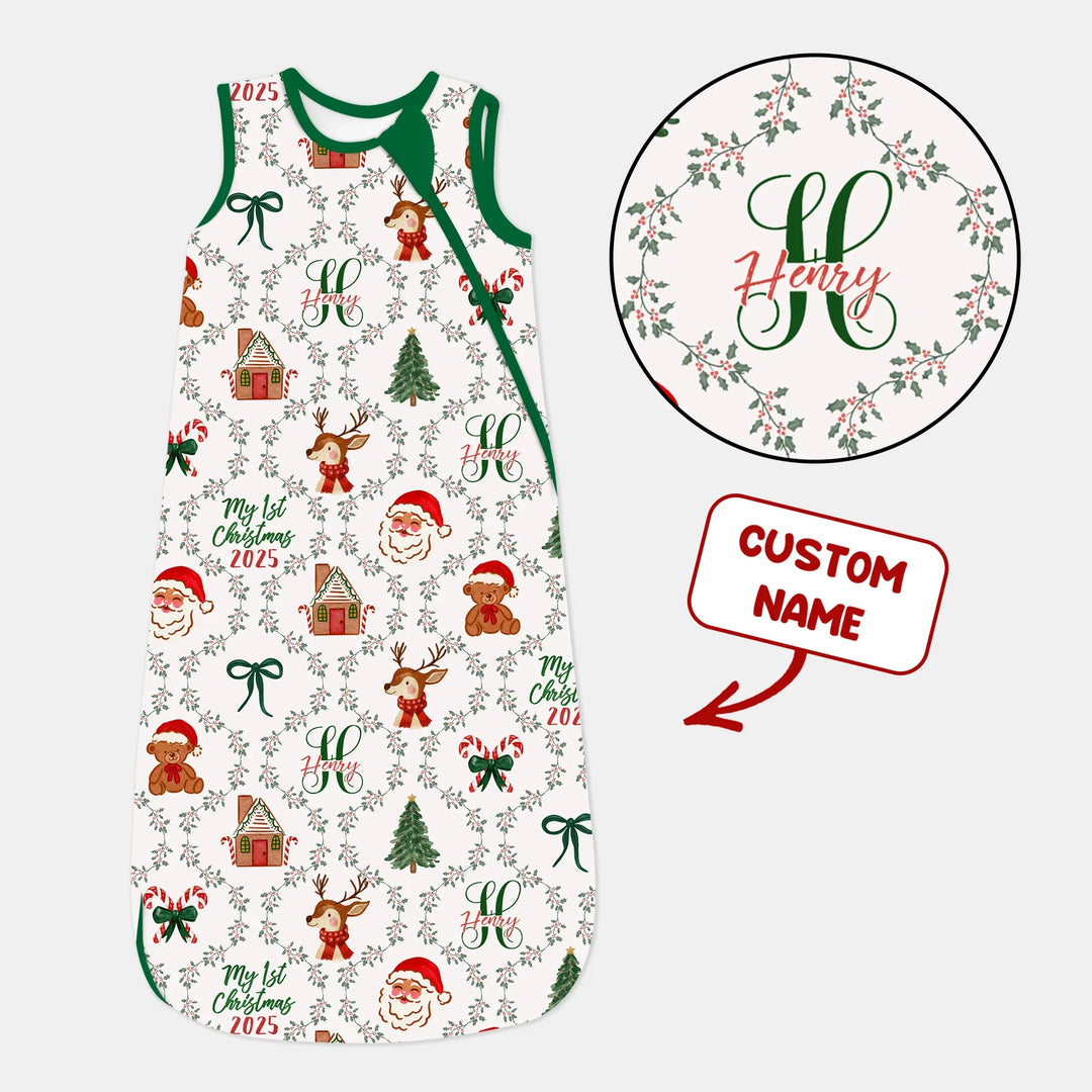 Custom name "Fancy Monogram Green Christmas 2025" Sleep Bag
