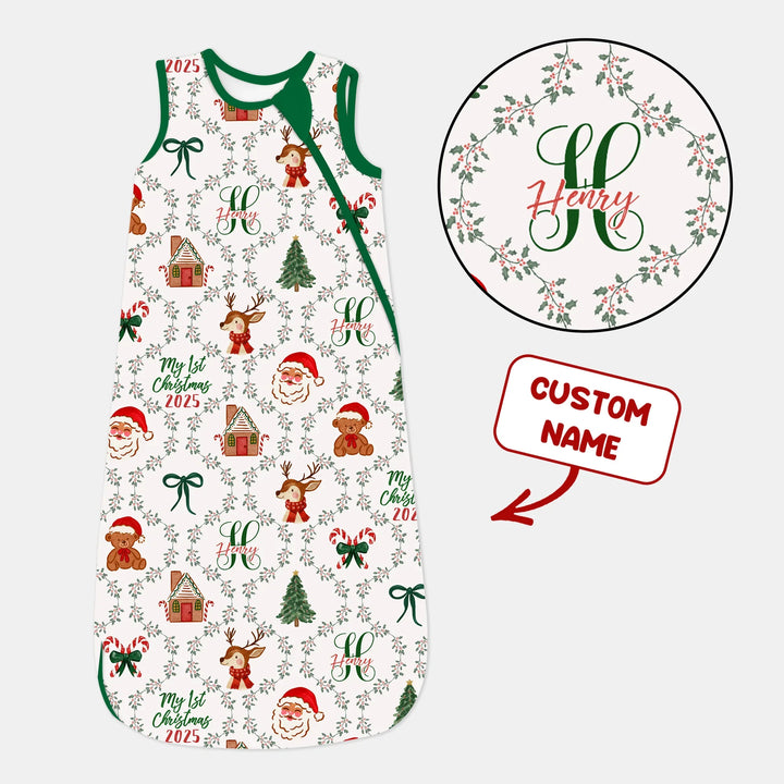 Custom name "Fancy Monogram Green Christmas 2025" Sleep Bag