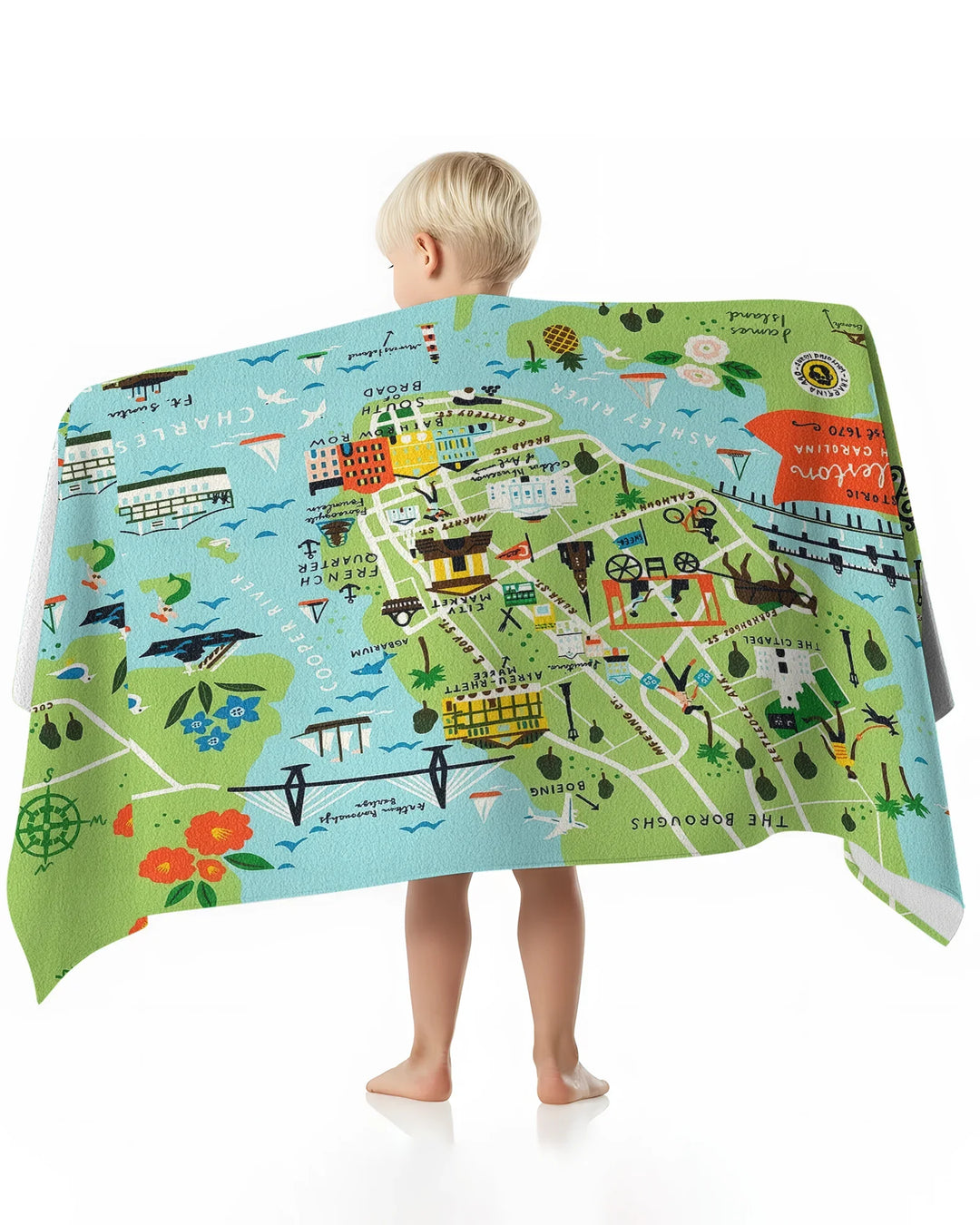 Charleston Coastal Charm Map Bamboo Beach Towel