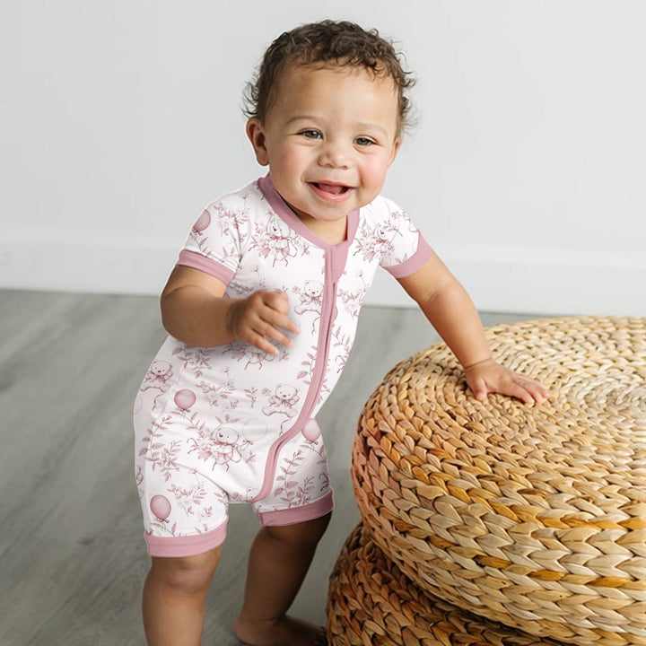 Pink Bear Toile de jouy Shorty Zippered Romper