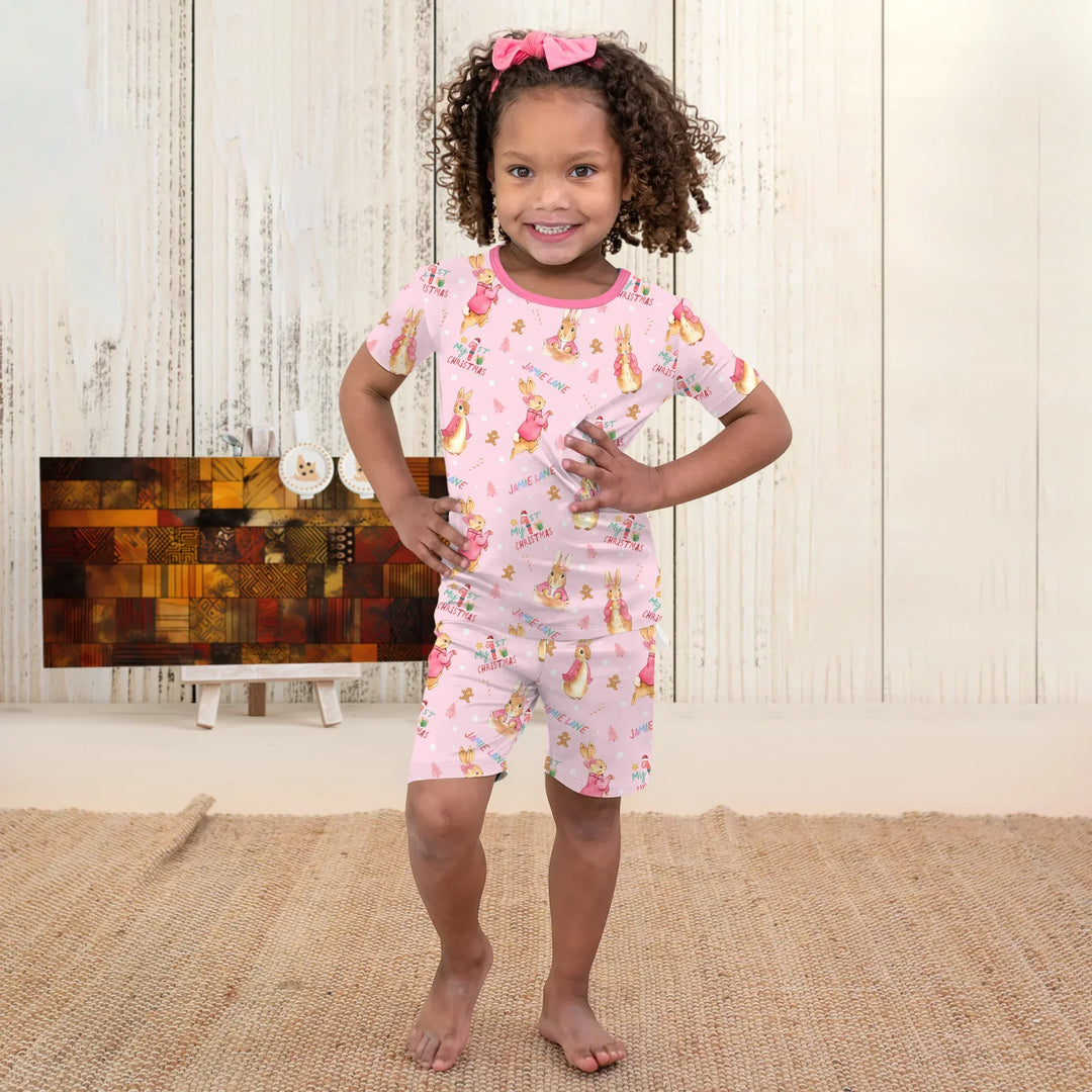 Custom 1st Christmas Rabbit Two Piece Short Sleeve Shorts Pajama Set , Custom 1st Christmas Rabbit Two Piece Short Sleeve Shorts Pajama Set - 12-18M