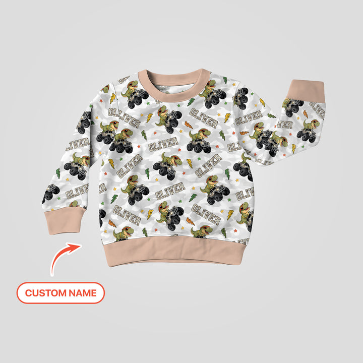 Custom Name Camo Trucker Dino Crewneck Sweatshirt