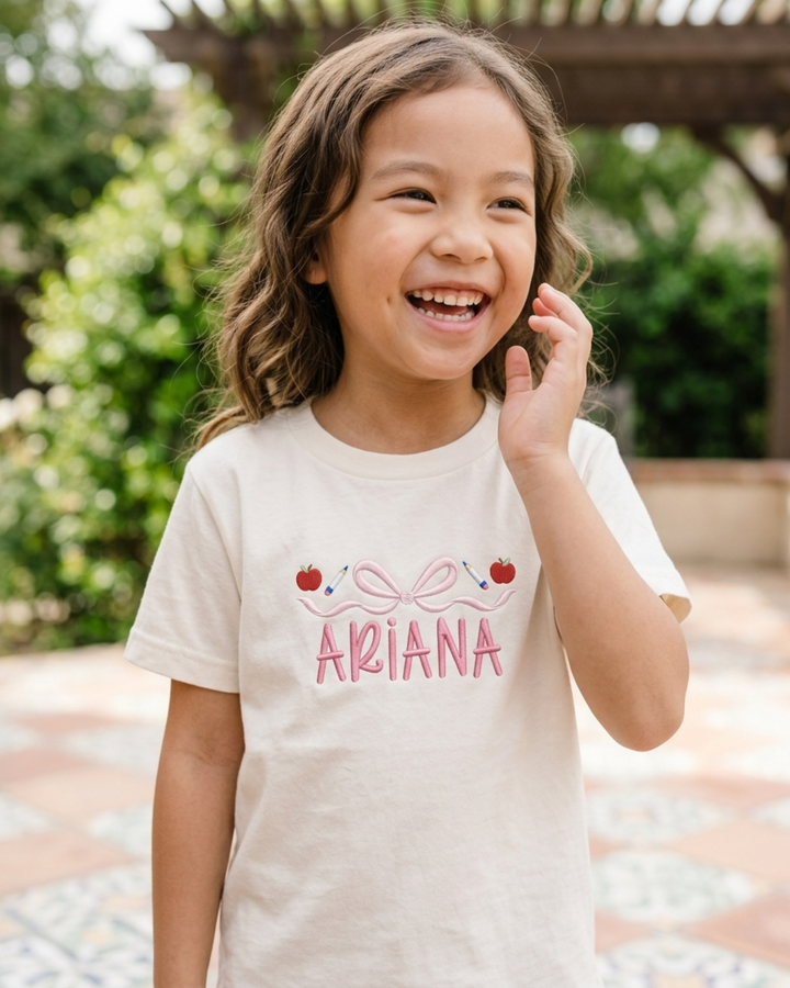 Custom Name School Sweet Bow Embroidered Bamboo Crewneck T-Shirt