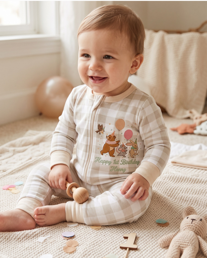 Woodland Friends Birthday Embroidered Baby Bamboo Convertible Zippy