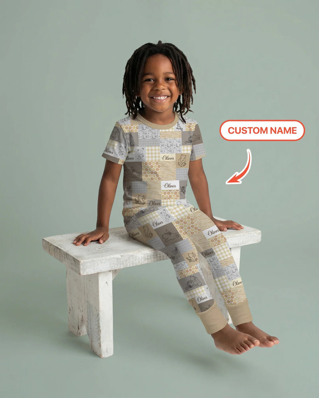 Personalized Classic Bear Patchwork  Bamboo Two Piece Short Sleeve Pajama Set