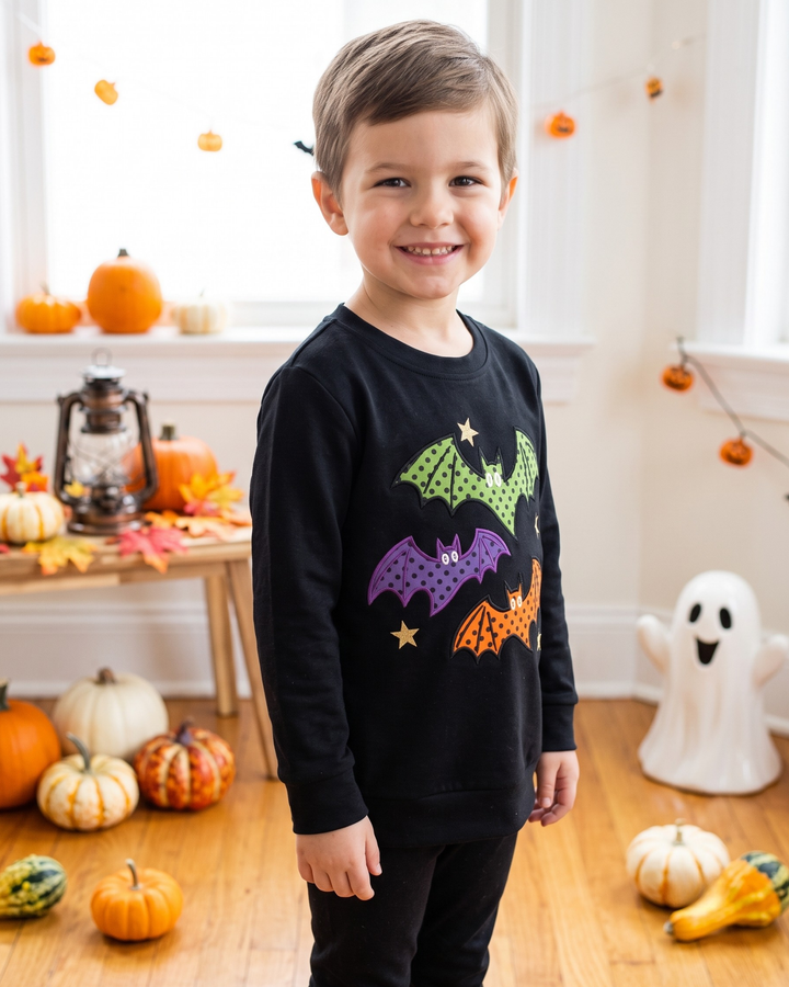 Spooky Bat Trio Applique Embroidered Bamboo Crewneck Sweatshirt