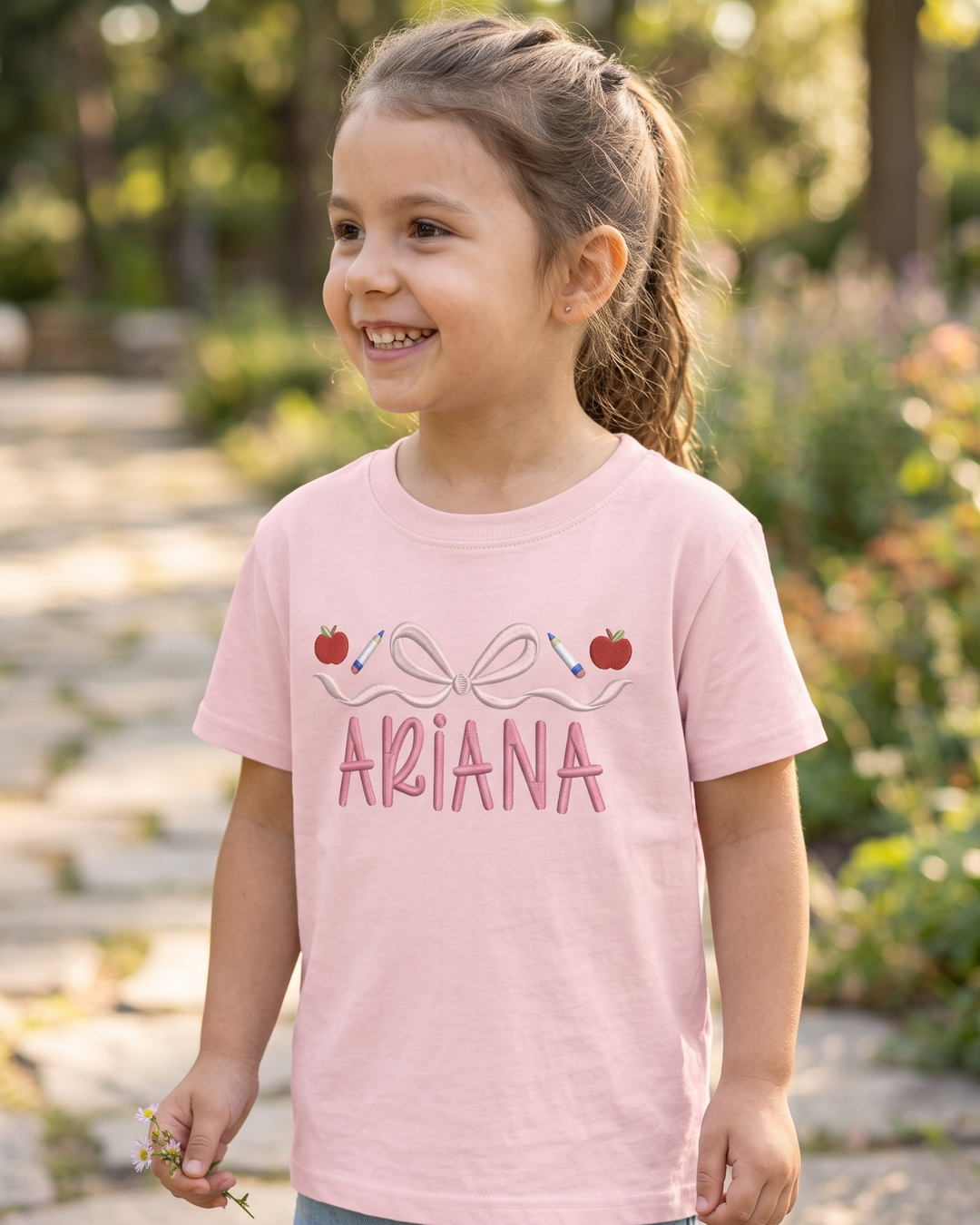 Custom Name School Sweet Bow Embroidered Bamboo Crewneck T-Shirt