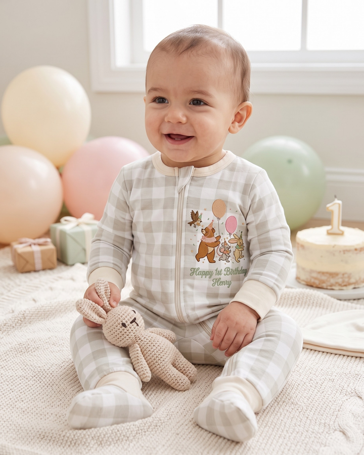 Woodland Friends Birthday Embroidered Baby Bamboo Convertible Zippy