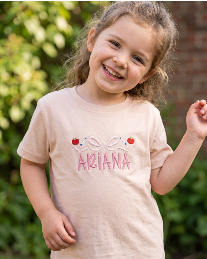 Custom Name School Sweet Bow Embroidered Bamboo Crewneck T-Shirt